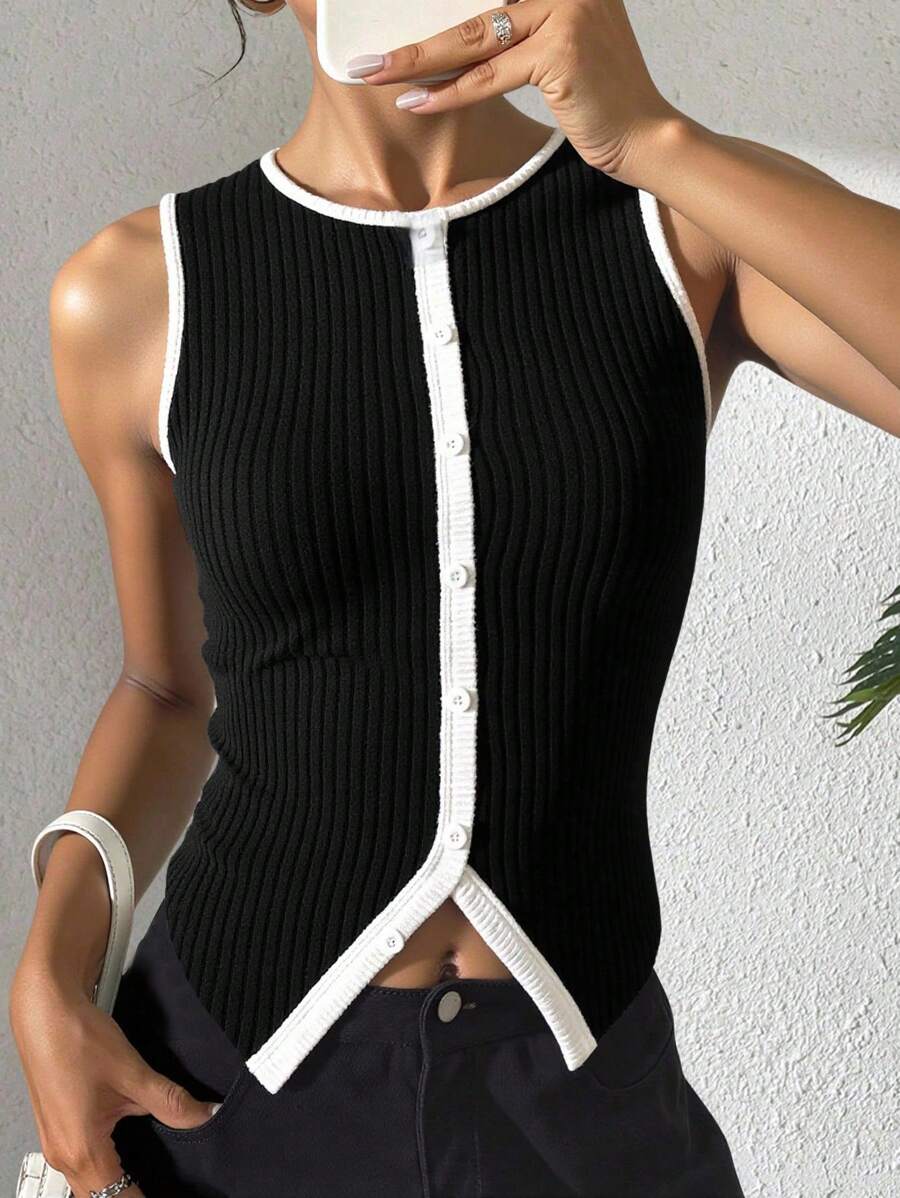 SHEIN LUNE Contrast Ribbed Rib Knit Sleeveless Top, Fitted Waist Split Hem Women Casual Slim Fit Top - Black - View 1