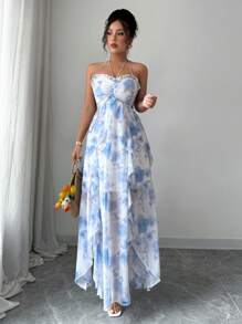 Elenzga 女式优雅度假无袖不对称下摆开衩 A 字形连衣裙，春夏