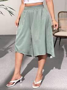 SHEIN LUNE Plus Size Casual Pants With Front Short Back Long 3/4 Length