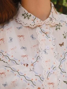 WESTFADE Women White Summer Modest Picnic Holiday Country Western Patchwork Print Collared Button Front Short Sleeve Shirt & High Rise Drawstring Shorts Set - Multicolor - View 4