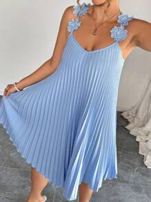 Elenzga Plus Size Summer Elegant 3D Floral Decor Pleated Dress