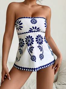 SHEIN Swim Women's Floral Print Elastic Bikini 2Pcs Set, Fresh Green Placement Print Bustier Crop Top And Solid Color Triangle Basic Swimsuit, Elegant Swimwear For Spring/Summer Beach Party