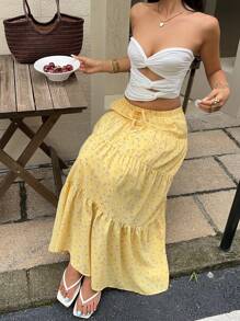 SHEIN EZwear Airport Butter Yellow Woven Ditsy Floral Elastic Waist Drawstring Beach Boho Skirt For Women Yellow Maxi Skirt Summer Maxi Skirt Floral Maxi Skirt