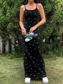 SHEIN EZwear Váy yếm bó sát dài đến đầu gối họa tiết hoa giả màu xanh tối giản giản dị, phù hợp cho mùa hè - Nhiều màu - Xem 4