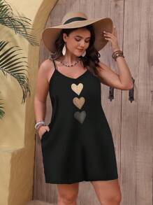 EMERY ROSE 大码简约纹理吊带度假风三色渐变心形图案夏季休闲斜口袋连体裤