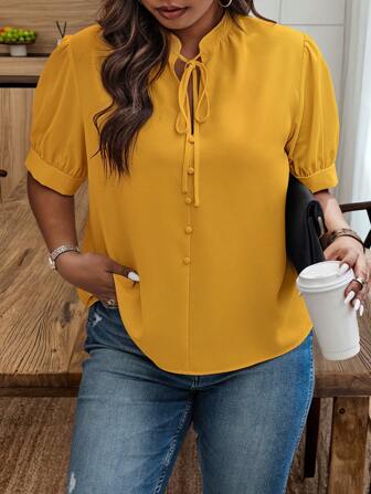 Weeklong Plus Size Women Summer Tie-Front Loose Bubble Sleeve Shirt BASICS