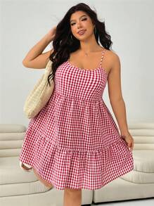 Solflare 大码红白格子露背吊带连衣裙