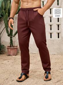 Genlund Celana Linen Pria Polos Kasual Slim Fit Celana Linen Pria Celana Jogger Pria - merah tua - View 5