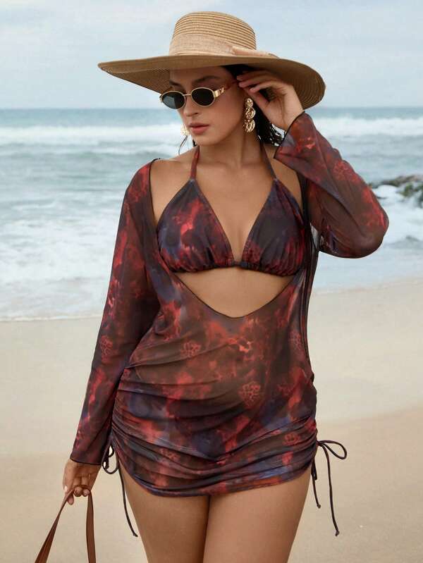Swim Vcay Set de 3 trajes de baño de tiras finas con estampado floral aleatorio para mujer de talla grande