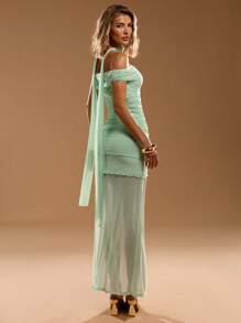 SHEIN BAE Summer Women's Long Split Section Shrinking Pleats Metallic Embellishment Solid Color Elegant Long Vacation Women's Dress, Women's Elegant Dresses, Women's Summer Clothing, South France Vacation, Island Resort Wear, Women's Party Wear, Collar Flutter Embellishment