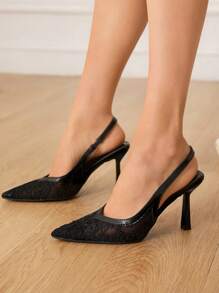 CUCCOO HITCHD 尖头蕾丝网眼优雅婚礼派对高跟露跟女鞋 - 黑色 - 查看 6