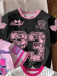 青少年女孩 3 件套，休闲时尚运动衫风格，学院风，甜美运动，针织短袖圆领 T 恤套装，适合夏季运动休闲，快乐的孩子，蝴蝶，夏季 - 彩色 - 查看 5