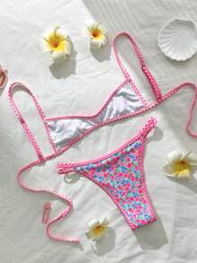 Swim Mod 2pcs/Set Women Random Floral Print Spaghetti Strap Sexy Bikini Set, Summer