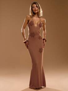 SHEIN BAE Women's Summer Vacation Casual Long Dimensional Floral Sexy Backless Fishtail Dress, Elegant Vacation Dresses, Beach Casual Vacation Wear, Bohemian Wear, Long Dresses