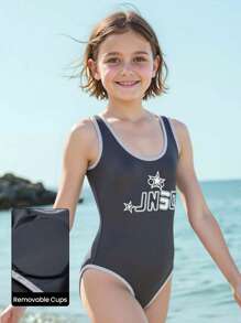 JNSQ Back To School Clothes, Tween Girl Clothes Outdoor Professional Sports Patchwork Contrast Color Swimsuit, Tween Girl One-Piece Patchwork Contrast Color Swimsuit