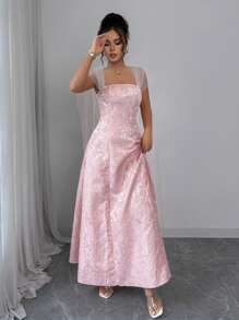 Elenzga Summer Vacation Bohemian Jacquard Mesh A-Line Midi Dress - Pink - View 4