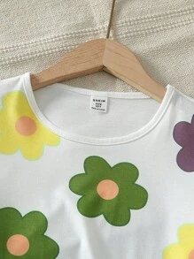 SHEIN 女童花卉印花休闲 T 恤 + 宽松梭织纹理长裤 2 件套休闲装，休闲日常度假 - 黃色 - 查看 5