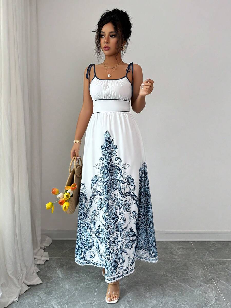 SHEIN LUNE Summer New White Paisley Print Spaghetti Strap Midi Dress, Slim Waist Elegant Covering Midsection - Multicolor - View 1