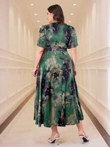 Modelyn Vestido midi de talla grande para mujer con escote en V, manga corta y cintura ceñida con estampado