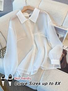 SHEIN CURVE+ Blusa de manga larga suelta y casual con espalda de lazo semitransparente para tallas grandes