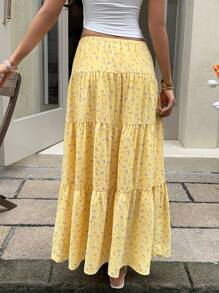 SHEIN EZwear Airport Butter Yellow Woven Ditsy Floral Elastic Waist Drawstring Beach Boho Skirt For Women Yellow Maxi Skirt Summer Maxi Skirt Floral Maxi Skirt
