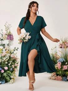 Cravure Plus Size Women's V-Neck Short Sleeve Patchwork Ruffle Hem Casual Fashion Midi Dress, Wedding