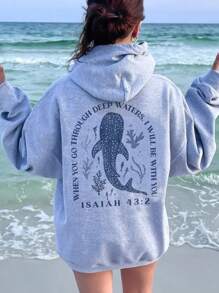 SHEIN EZwear Casual Minimalist Printed Hoodie Sweatshirt For Women, With Ocean Graphic, Shark Print, Coral Print, Or Slogan Print, Loose Fit Long Sleeve Back To School Fall And Winter Clothing Autumn And Winter Back To School