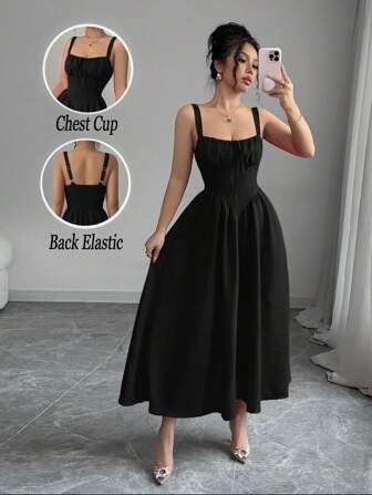 Rafferiza Women's Black Solid Color Valentine's Day Vacation Casual Elegant Fitted Waist 2025 Summer New Long Dress