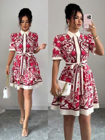 Rafferiza Avslappnad semesterklänning med blommönster, knytning i midjan, kortärmad skjortkrage, a-linjeformad, kort för kvinnor, vår/sommar