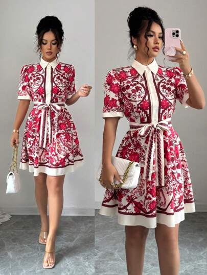 Rafferiza Vestido corto de línea A con cuello de camisa, de manga corta, con cinturón de nudo y estampado floral casual de vacaciones para mujer, primavera/verano