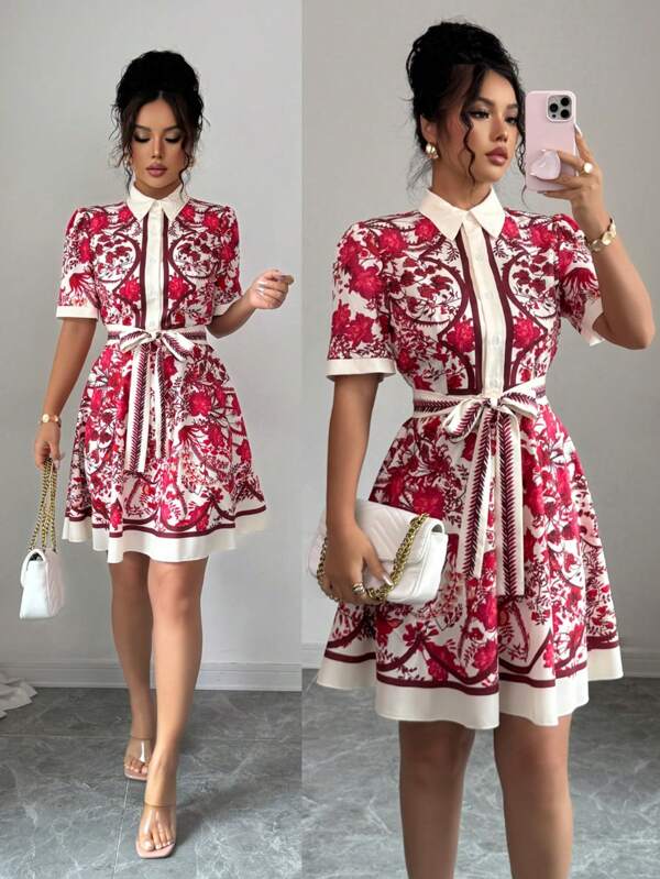 Airlisse Rochie scurtă cu imprimeu floral, talie lungă, cu mânecă scurtă, linie A, pentru femei, primăvară/vară