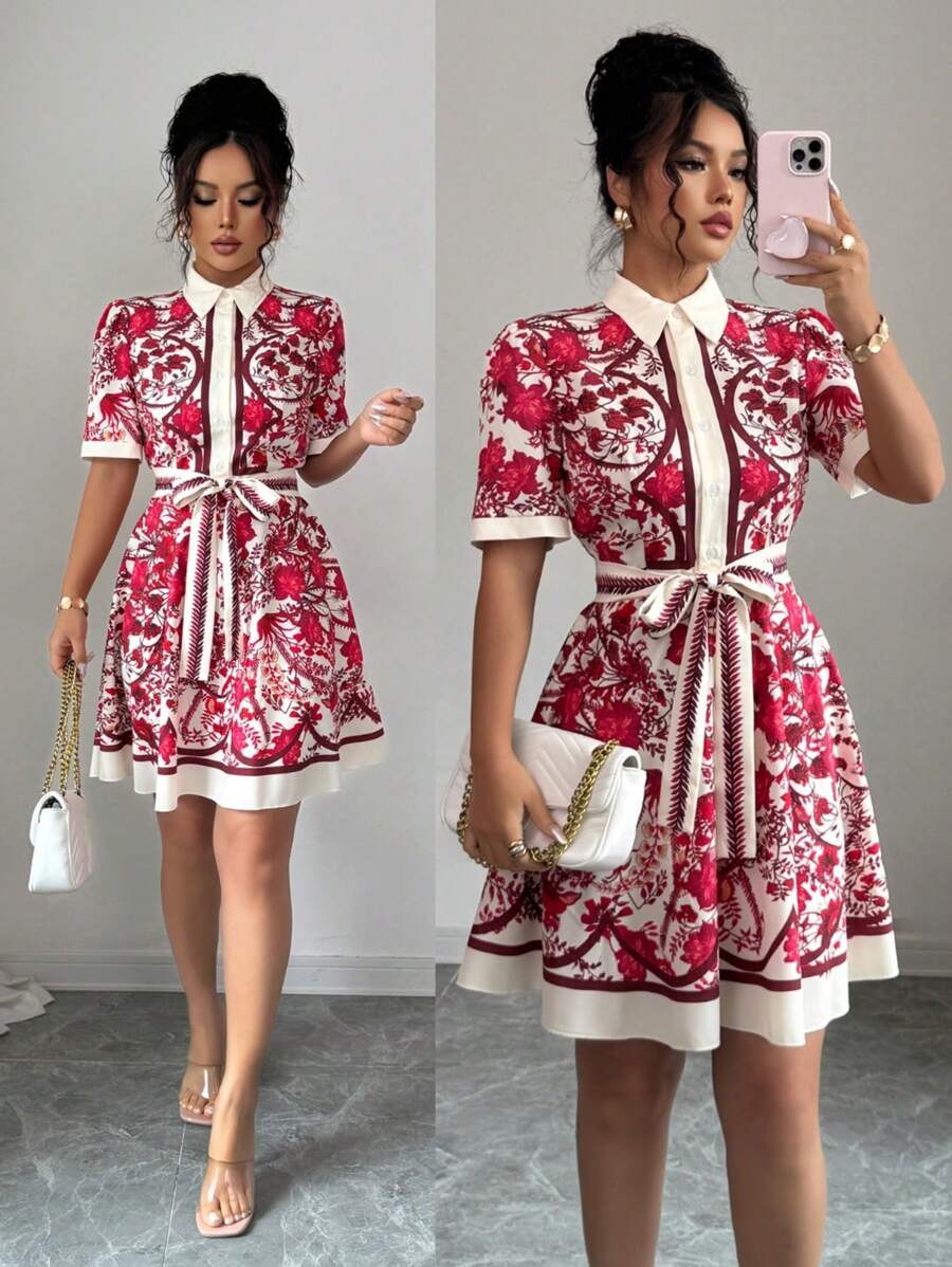 Rafferiza 女式休闲节日花卉印花系腰短袖衬衫领 A 字短裙，春夏季 - 紅色 - 查看 1