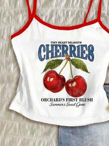 Attitoon Women's Casual Simple Cherry & Letter Print Graphic Tank Top, Suitable For Summer, Vacation, Spring Break, Girls Trip, Back To School Season Women Tank Tops Summer Crop Tops Women Cherry Tank Top Graphic Tank Tops Women Summer Crop Tops Suitable For Going Out - Multicolor - View 3