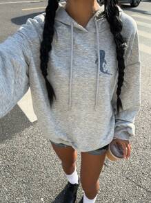 SHEIN EZwear Casual Minimalist Printed Hoodie Sweatshirt For Women, With Ocean Graphic, Shark Print, Coral Print, Or Slogan Print, Loose Fit Long Sleeve Back To School Fall And Winter Clothing Autumn And Winter Back To School