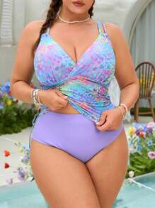 Swim Lushoire Plus Size Women Colorful Leopard Print Pleated Waist Tie Up Spaghetti Strap Tankini Set With Regular Bottom, Casual Beachwear Suitable For Holiday, Summer Beach Party