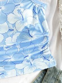 SHEIN 少女芙蓉印花露背收腰时尚吊带背心，适合春夏季度假、派对、下午茶、海滩、游轮 - 藍色 - 查看 3