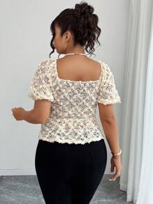 Elenzga Plus Size Embroidered Flounce Hem Short Sleeve Blouse - Apricot - View 2