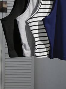 SHEIN EZwear 4pcs Women Casual Vests, Black, Navy Blue Floral, Gray, Black/White Stripe, Versatile Sexy Tight Fitting Tank Top, Summer Back To School