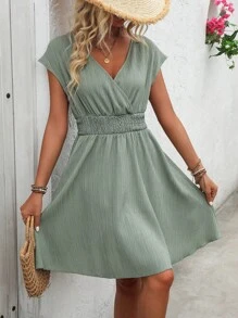 EMERY ROSE Women Summer V-Neck Overlap Shirred Waist Loose Dress