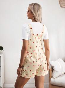 SHEIN Maternity 2-Piece Set: White Round Neck Short Sleeve T-Shirt & Cherry Print Suspender Pants - Yellow - View 2