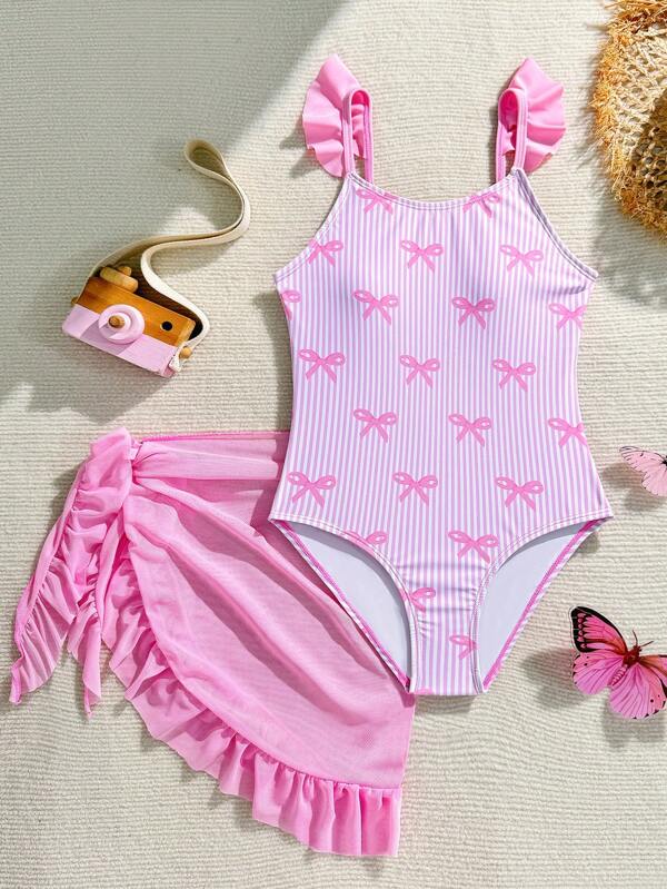 SHEIN Traje de baño de una pieza con diseño de lazo lindo para niñas preadolescentes, con tirantes, ribete con volantes y falda, apto para natación, vacaciones y playa en verano