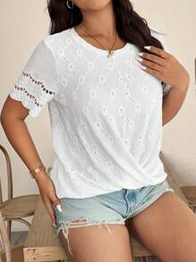 EMERY ROSE Plus Size Women Knit Elastic Hollow Out Round Neck Embroidered Lace Splicing Sleeve Casual Tee For Everyday Wear - White - View 7