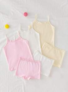 6pcs/Set Young Girl Basic Sweet Simple Lace Trim Camisole And Lace Trim Boyshort Underwear Set Girls Tank Top Set Summer Girls Sets Girls Underwear Set Kids Two Piece Set Fall Winter