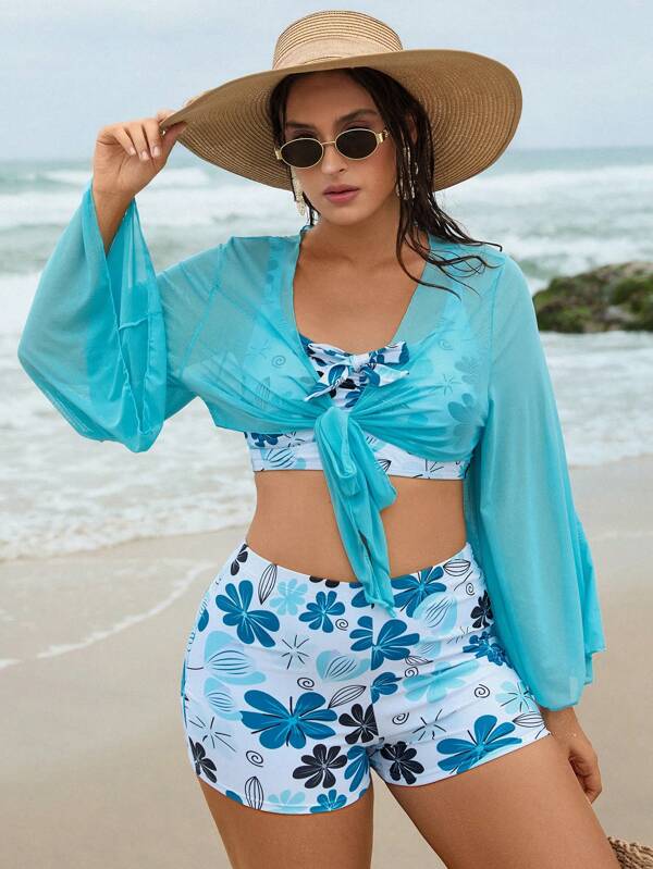 Swim Vcay 3 PiecesPlus Size Women Floral Print Bikini Set With Mesh Cover-Up, Sexy Beach Holiday Swimwear For Summer Beach Vacation