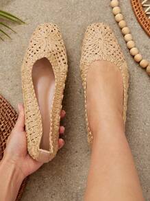 SHUZIA Ladies Crochet Raffia Ballet Flats For Summer Vacation For Christmas Valentine's Day - Beige - View 2