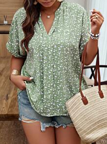 Weeklong Plus Size Women Floral Print Notched Collar Blouse, Summer