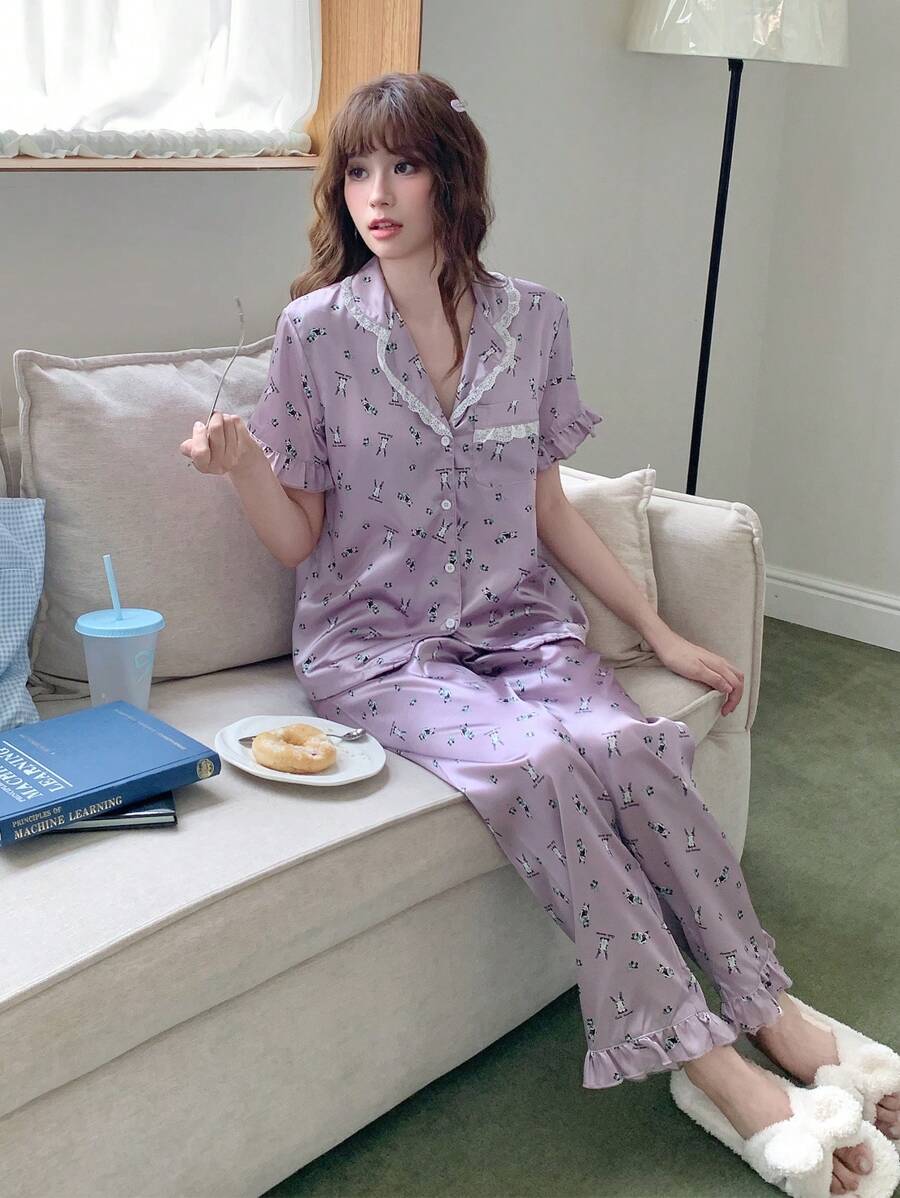 Set da pigiama da 2 pezzi con top a maniche corte e pantaloncini, con stampa floreale delicata e viola, adatto per ragazze e ragazze adolescenti, comodo e casual, ideale per l'uso quotidiano - Viola - Visualizzare 1