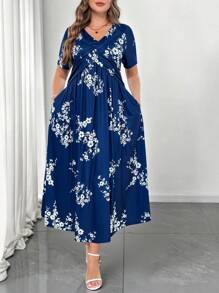 SHEIN Clasi Plus Size Women Navy Floral Print Layered Dress With Pockets, Summer Summer Outfits - Blue and White - View 4