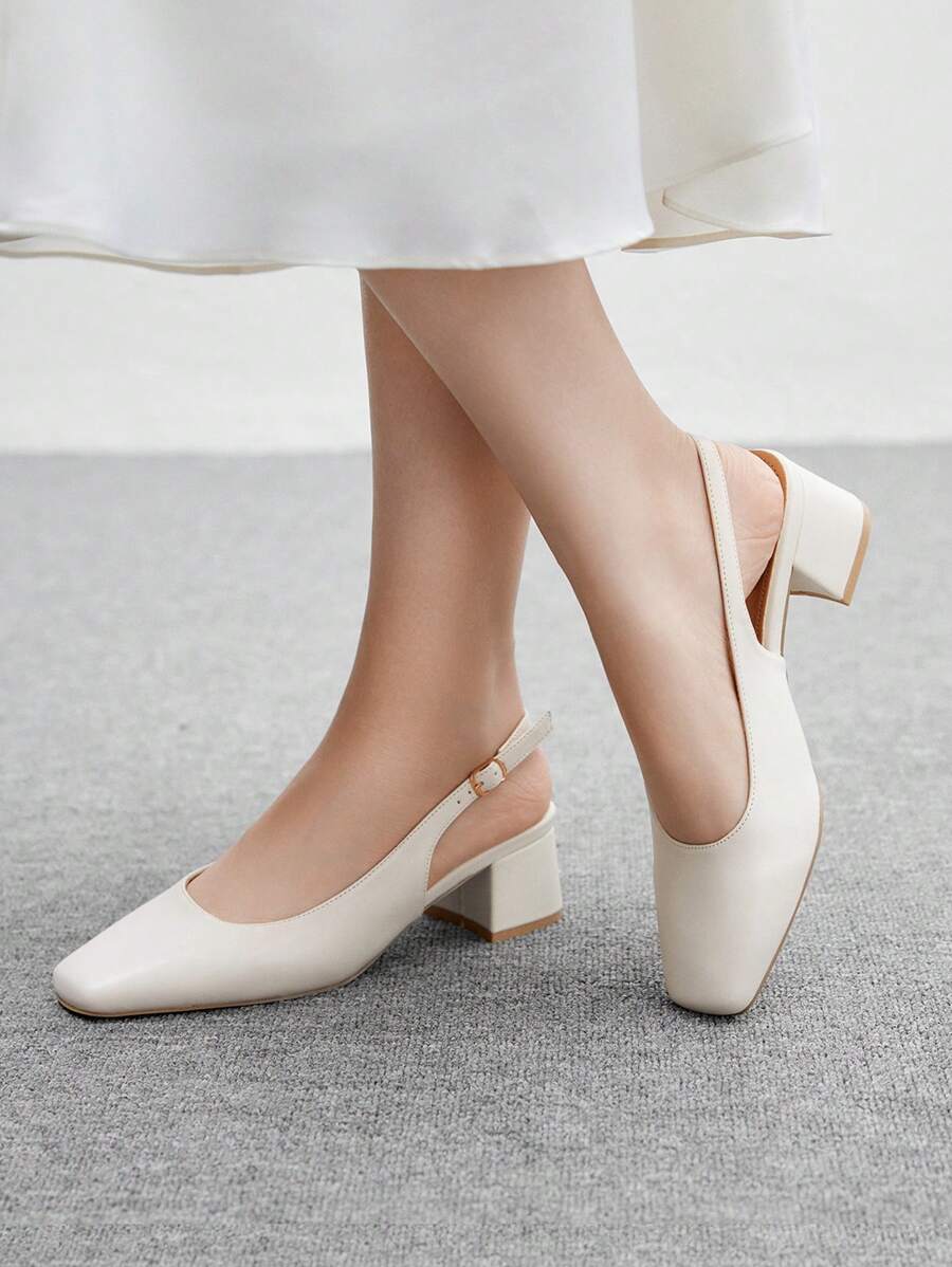 CUCCOO BIZCHIC 女士经典踝带露跟平底鞋，米色 PU 皮革低跟粗跟鞋，适合工作、约会、派对、度假和日常穿着 - 糯米白色 - 查看 1