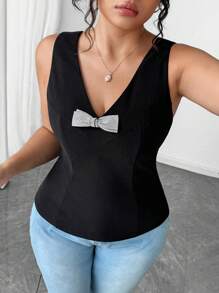 Elenzga Elegancki czarny top z dekoltem w serek i kokardą z kryształkami, bezrękawnik z dzianiny, elastyczny, codzienny strój i element warstwowy, duży rozmiar - Czarne - Zobacz 3
